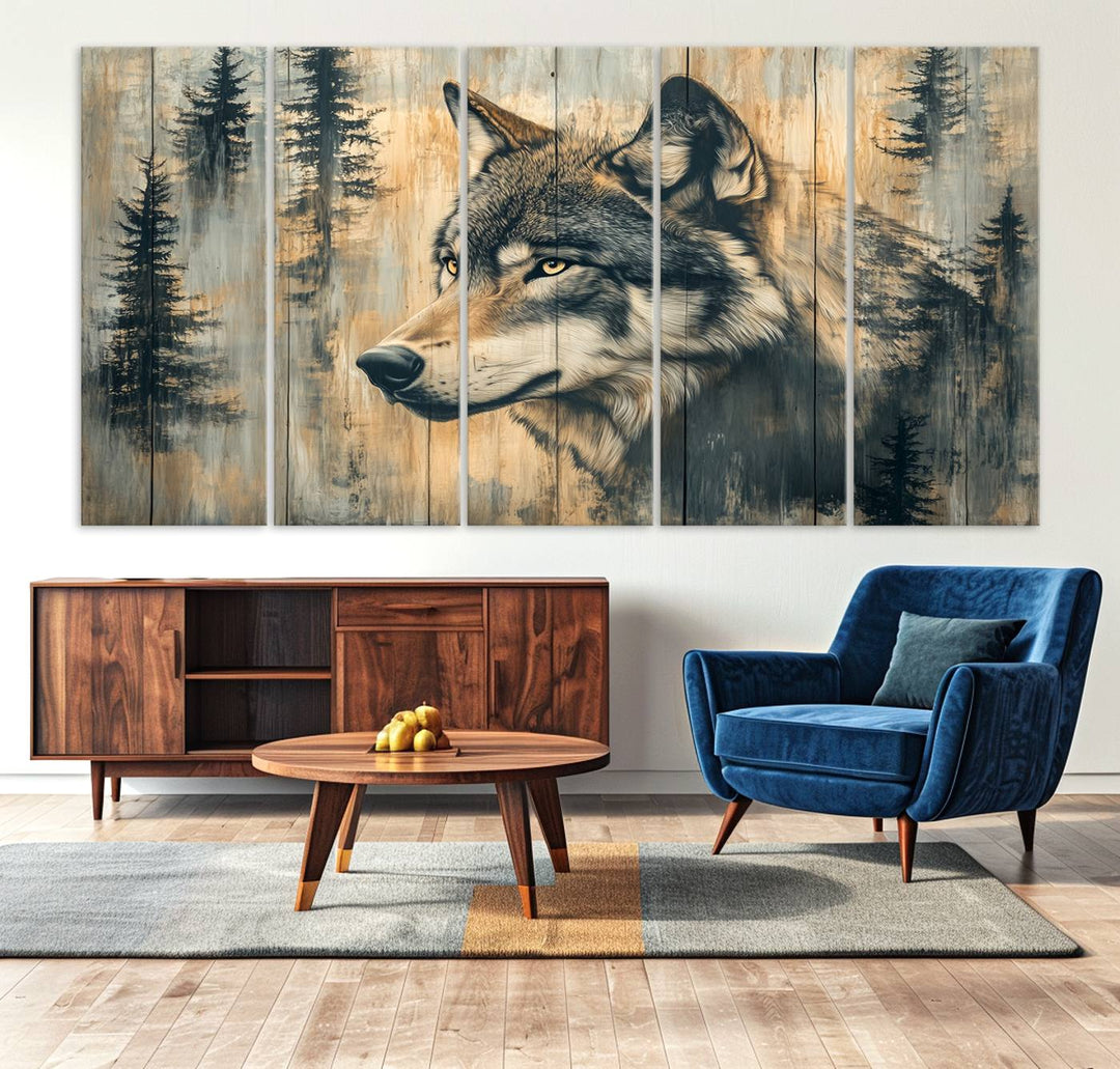 A Wood Style Rustic Wolf Wall Art Canvas Print adorns the kitchen.