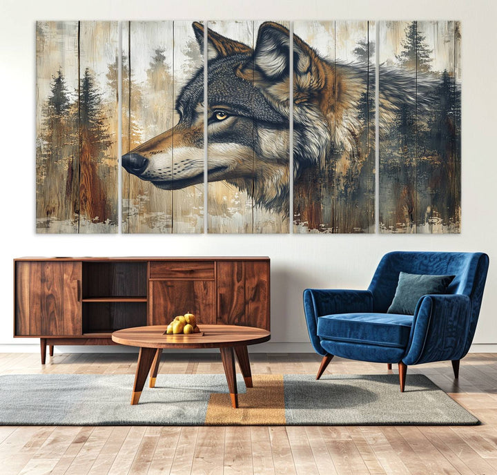 A kitchen dining area features Rustic Wolf Wall Art.