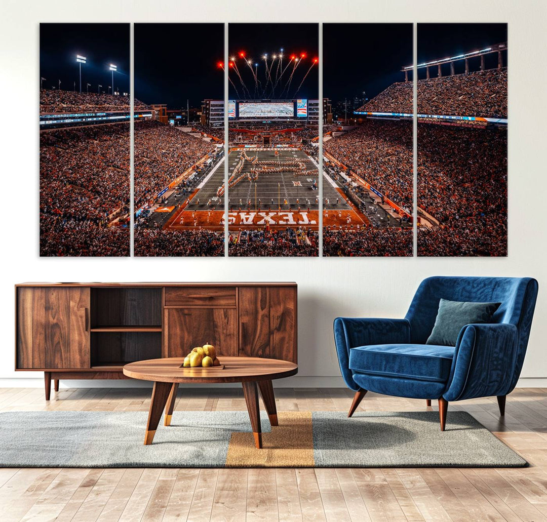 A Texas Memorial Stadium canvas print with fireworks embellishes the modern living room.