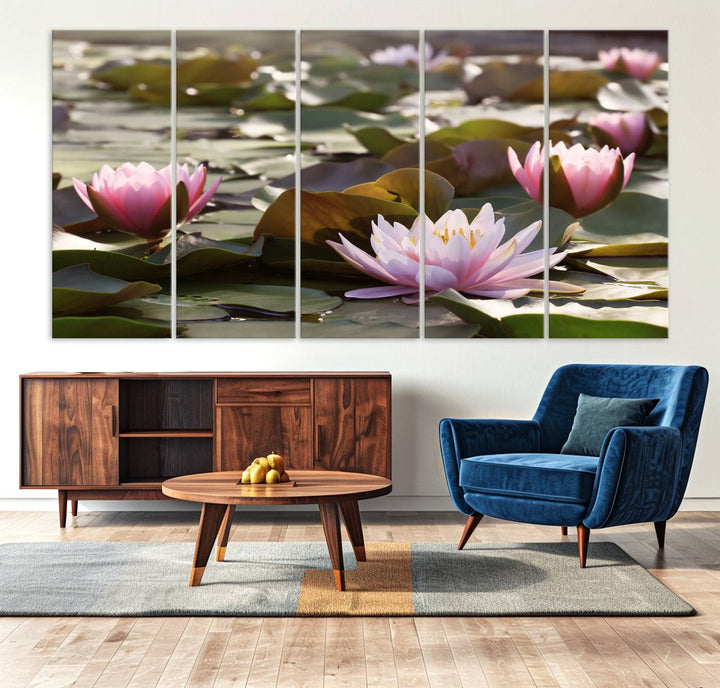 The dining room features the Water Lily Large Canvas Print.