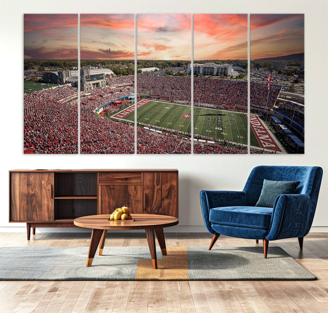 Gallery-quality Indiana Memorial Stadium Wall Art Canvas: A stunning view of the stadium at sunset.