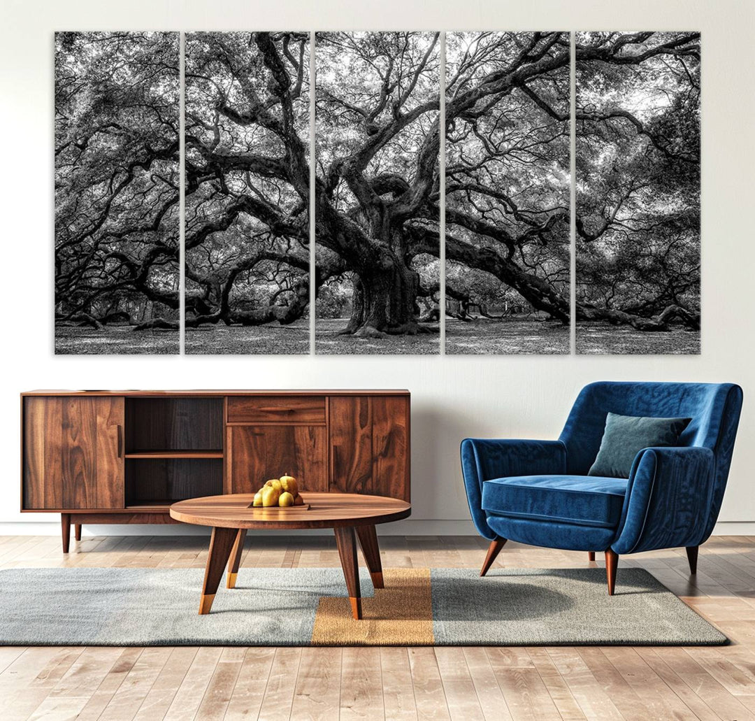 The Black and White Old Angel Oak Tree Canvas Print enhances the modern dining room.