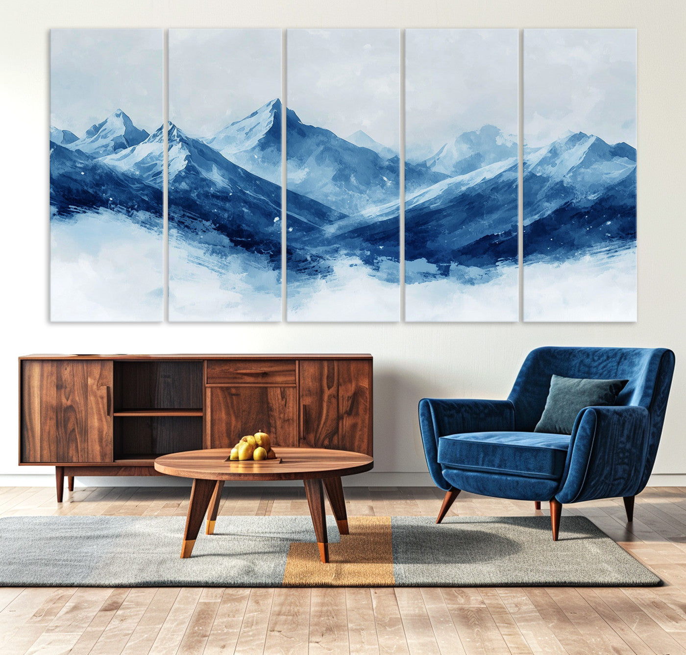 Peaceful watercolor-style painting of snowy blue mountains in soft tones, perfect for winter-themed or minimalist wall decor.