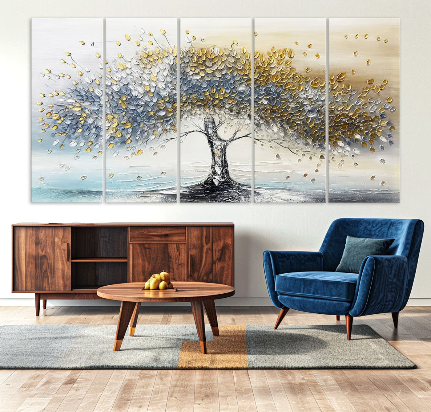Canvas of a silver and gold textured tree with a soft neutral background, ideal for elegant and minimalist home decor styles.