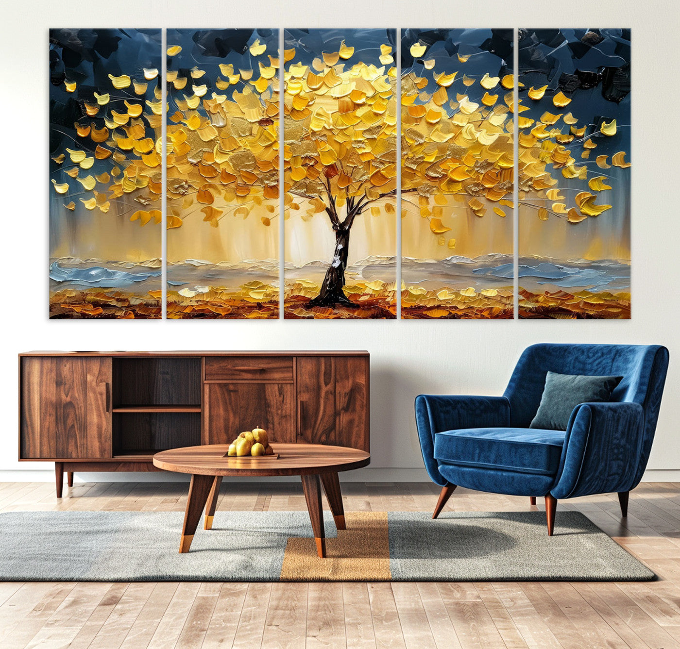 Canvas of a golden autumn tree with textured brushstrokes and moody blue skies, perfect for dramatic and vibrant home decor.