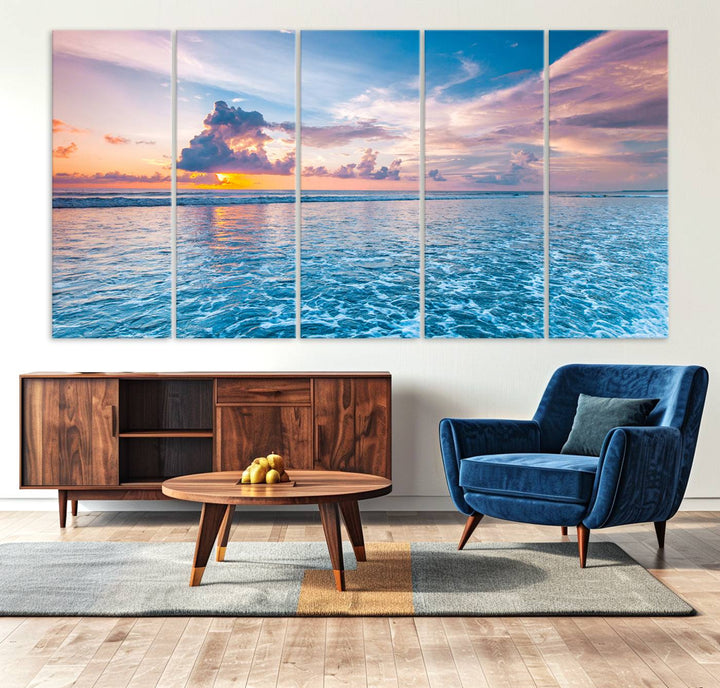 An Ocean Sunset Canvas Wall Art depicting a vibrant sky and rolling waves.