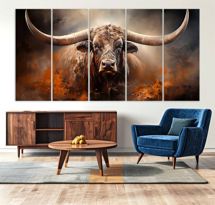 A Highland Bull with striking horns is depicted in a fiery abstract style on a ready-to-hang wall art canvas, evoking strength.