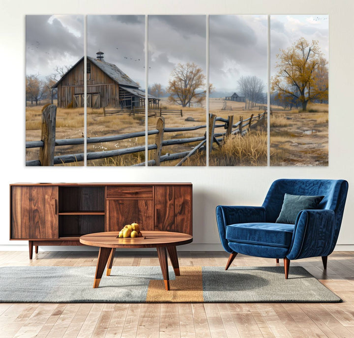 Rustic Autumn Farmhouse Wall Art – Weathered Barn & Trees Canvas Print, featuring a serene scene with birds in the sky. This piece is ready to hang.