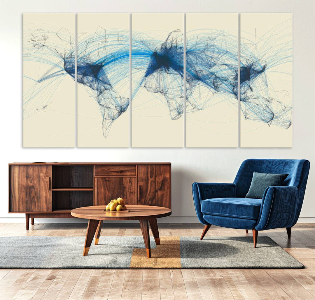 Flight Routes Map: Air Traffic Avi World Map featuring blue lines symbolizing global data. Ideal for home decor and ready to hang.