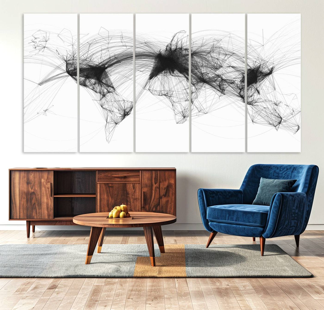 The Flight Routes Air Traffic canvas wall art, framed and ready to hang, is perfect for aviation enthusiasts.