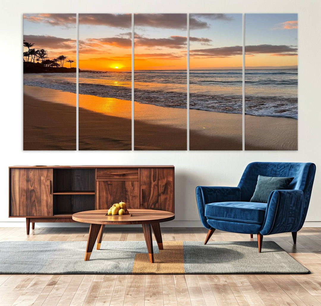 Sunset Wall Art Print featuring a beach sunset with waves and palms, perfect for coastal decor.