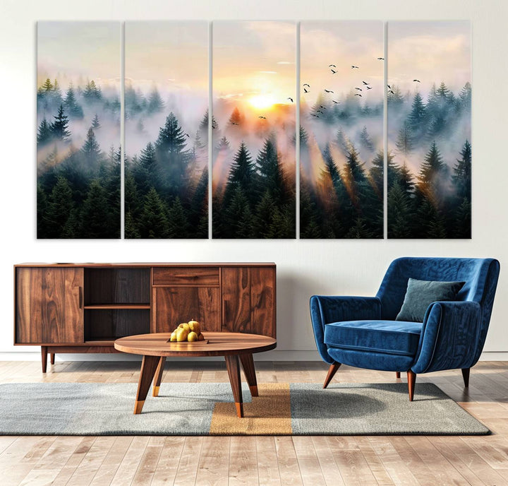 Sunrise over a misty forest with rays filtering through trees in the Abstract Forest Wall Art featuring soaring birds.