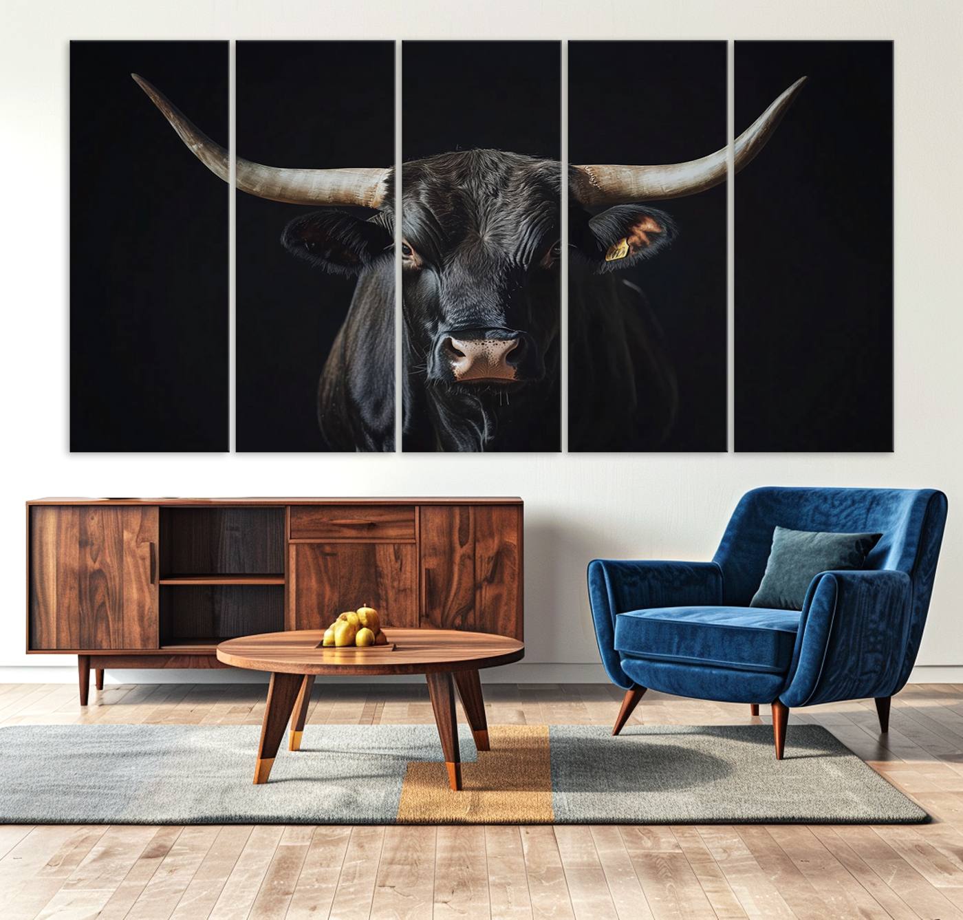Canvas of a black longhorn bull against a dark background, featuring moody tones and western character for rustic or cowboy-inspired spaces.