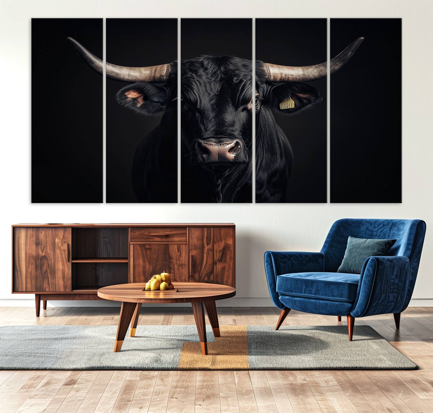 Canvas featuring a black horned bull in moody lighting on a dark background, perfect for western or rustic farmhouse-style home decor.