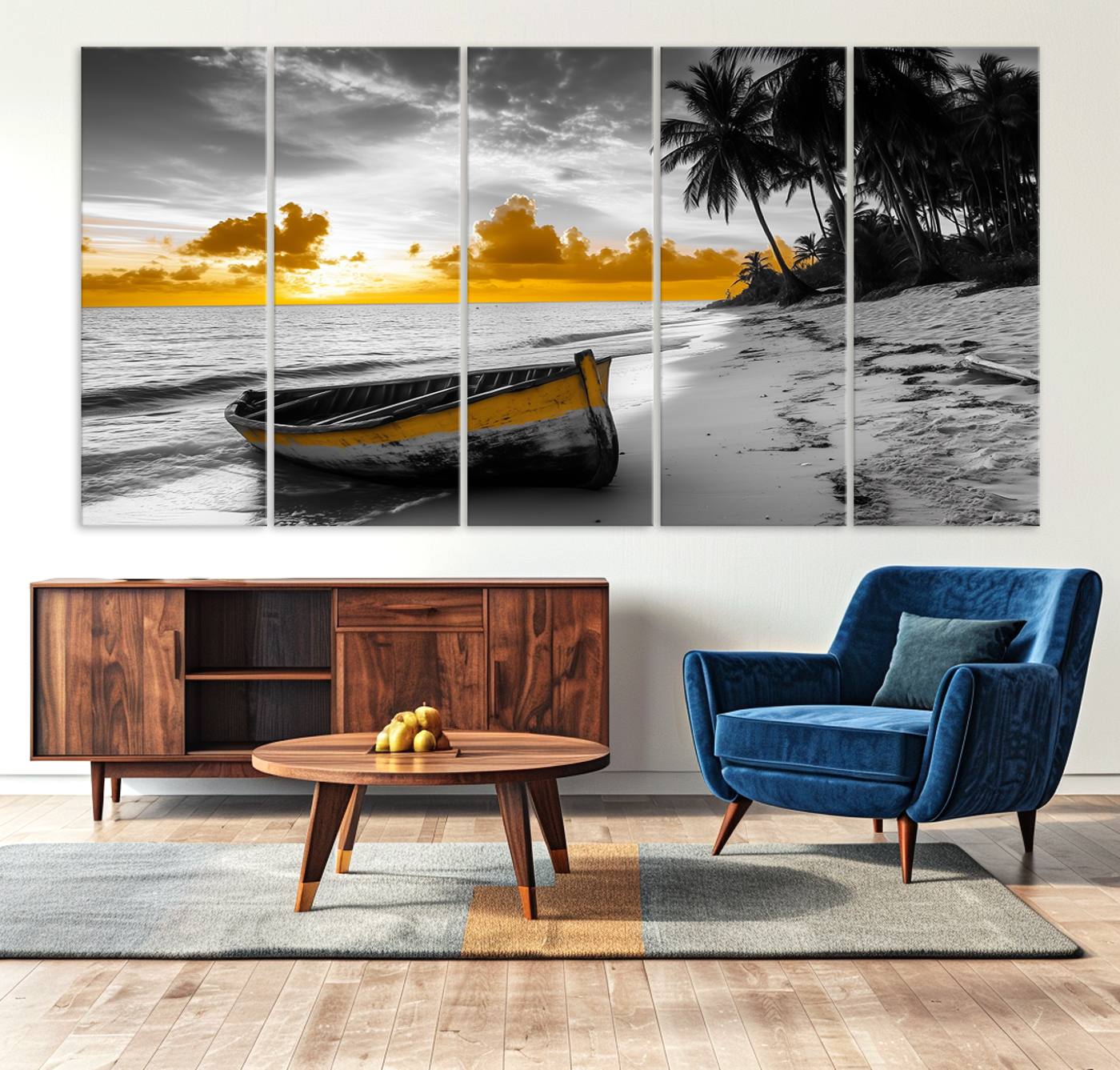 Canvas of a yellow rowboat on a black and white tropical beach with golden sunset sky, ideal for coastal or tropical-themed home decor.