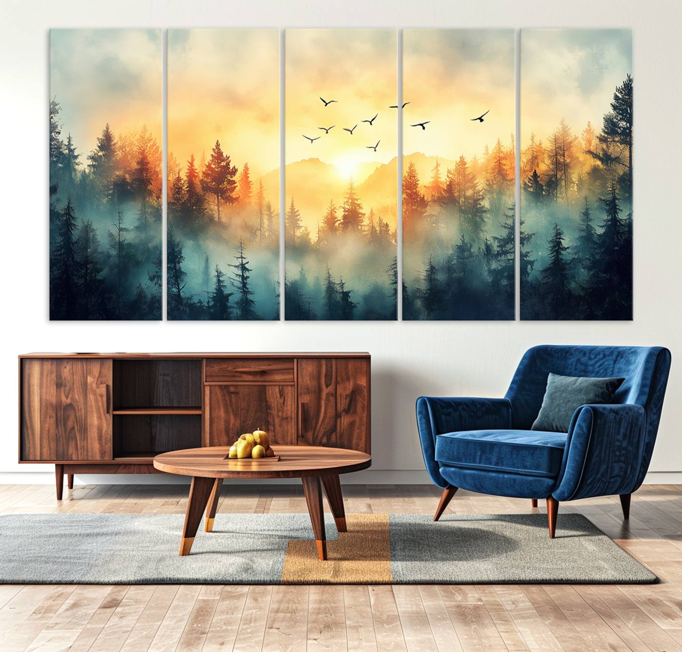 Canvas of a misty pine forest at sunrise with golden light and birds flying across the sky, perfect for tranquil nature-themed wall decor.