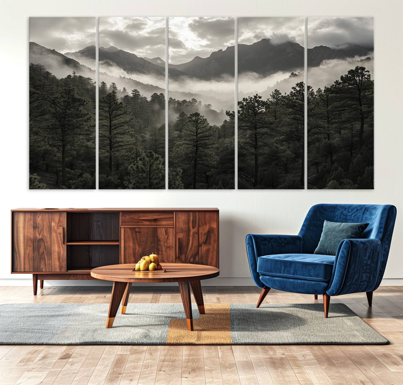 Canvas of moody pine forest and foggy mountain peaks under overcast skies, ideal for calm and rustic woodland-themed home decor.
