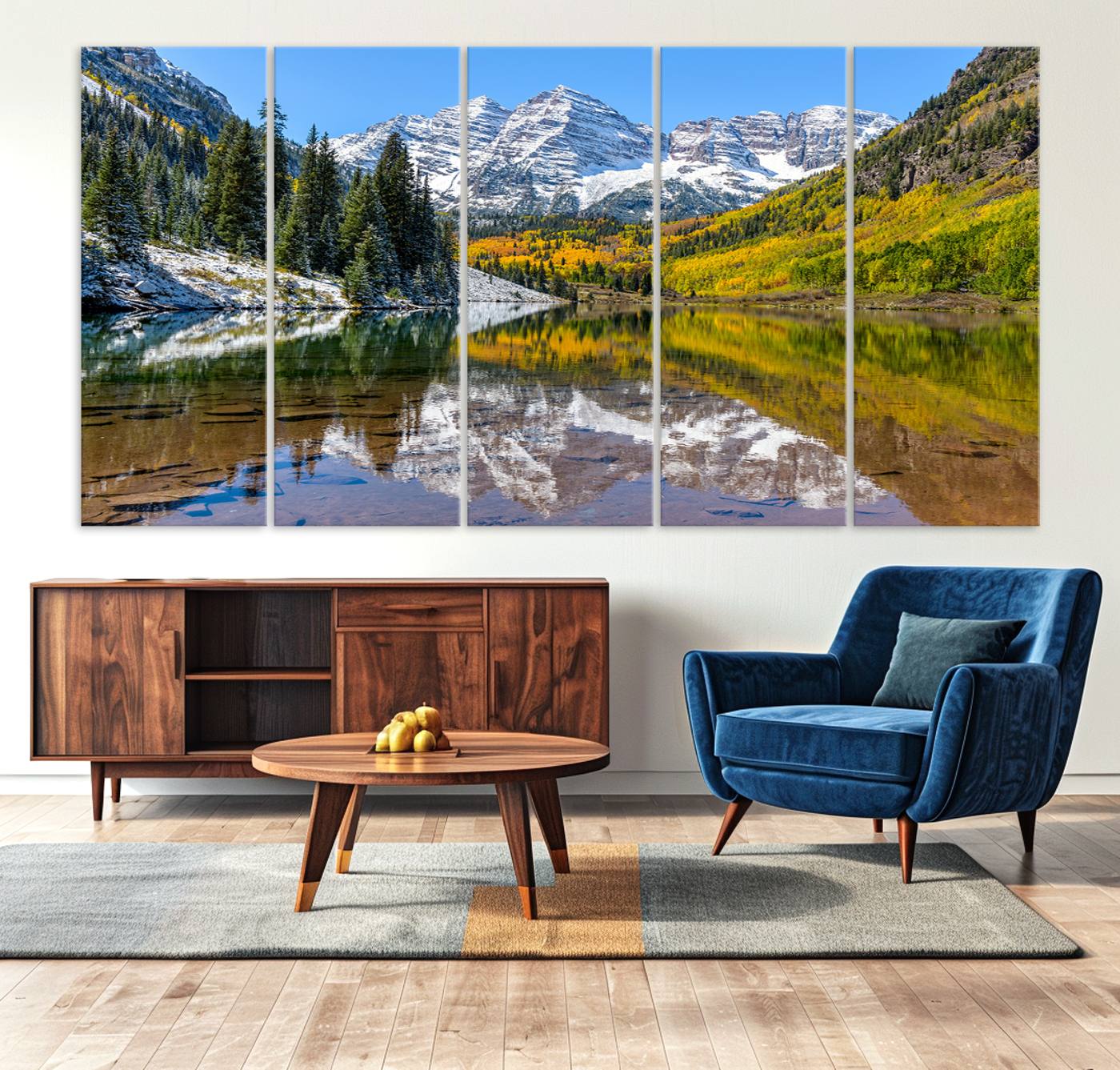 87724099-MGV-CV-48X32-3P-Maroon Bells Wall Art – Framed Snowy Mountain Canvas Artwork, Pine Forest Design, Tranquil Nature Decor for Home, Office