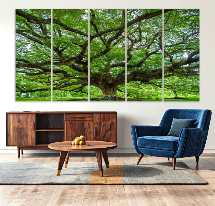 Framed Angel Oak Tree print featuring sprawling branches and ribbons against a clear sky backdrop, ideal for home or office decor.