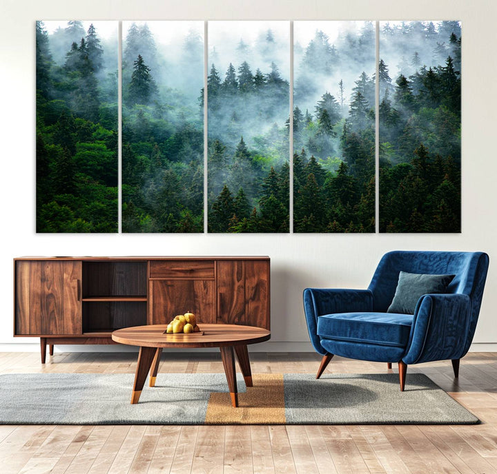 Misty Forest Art Wall Art Canvas Print, Foggy Mountain Art Print, Framed Scenic Wall Print Art Print, Large Woodland Canvas Printing Perfect for  Decor