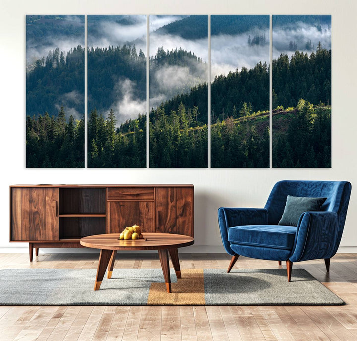 Moody canvas of misty pine forests over layered hills, perfect for cool-toned nature-inspired or woodland-style home decor.