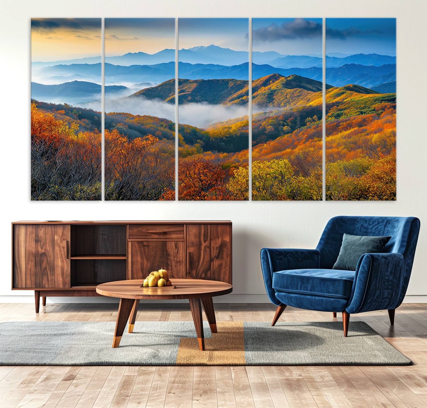 86772247-MGV-CV-36X24-Autumn Mountains Wall Art Canvas Print – Foggy Peaks Colorful Foliage Serene Landscape Nature Artwork for Home Office