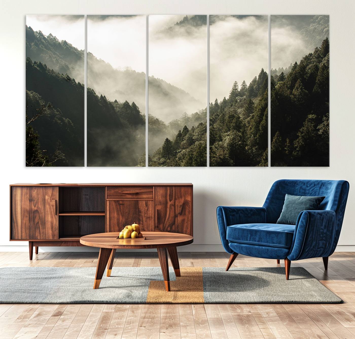 57570237-MGV-CV-36X24-Misty Valley Wall Art Canvas Print – Foggy Forest Pine Trees Serene Woodland Landscape Artwork for Home Office