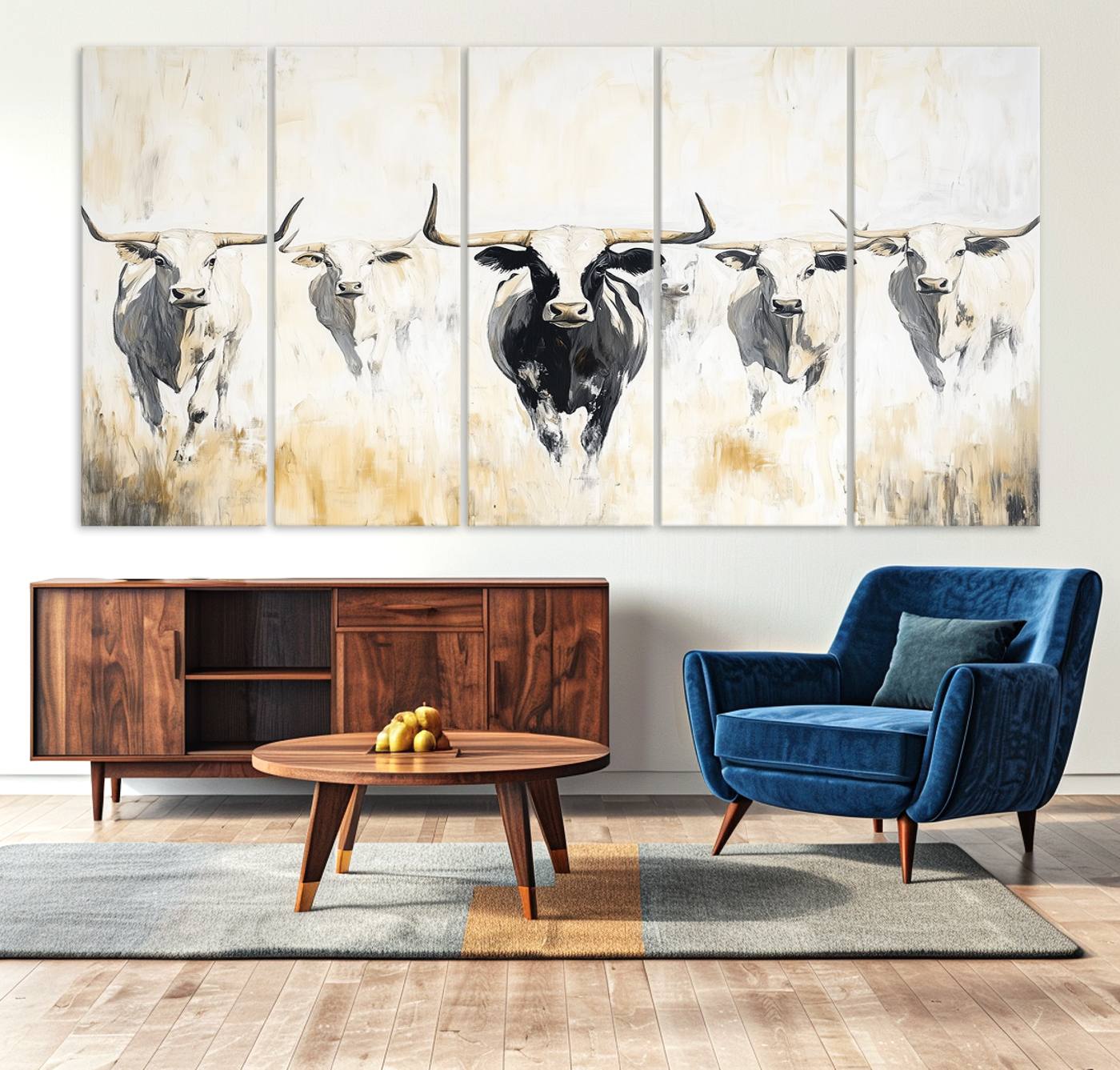 40397799-MGV-CV-36X24-Texas Longhorn Wall Art Canvas Print – Rustic Western Bull Herd Neutral Tones Country Ranch Artwork for Home Office