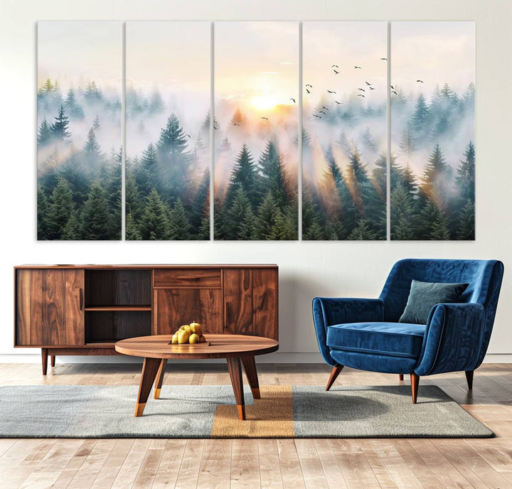 Misty Pine Forest Wall Art: A depiction of sunrise over foggy trees and birds against a bright sky; a framed woodland scene ideal for home or office decor.