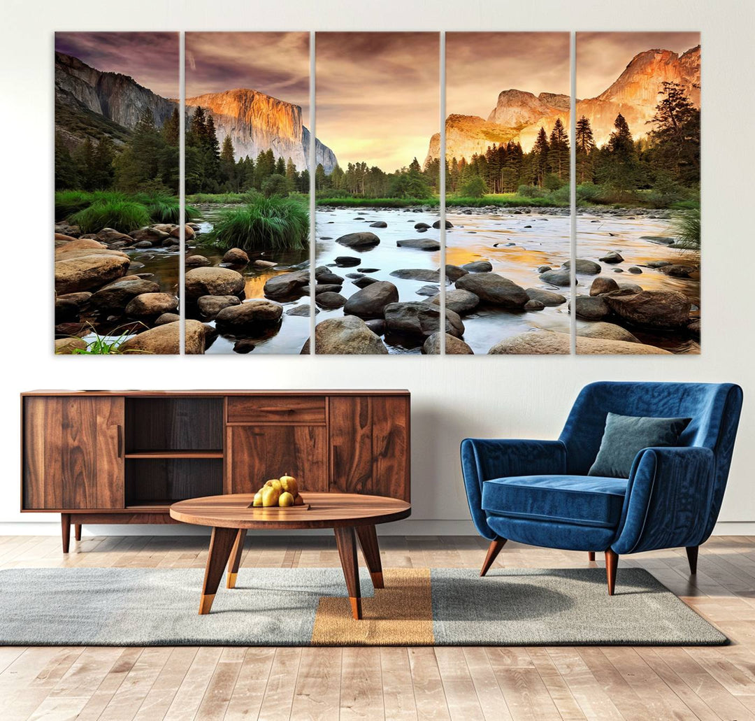 A tranquil riverside sunset mirrors the beauty of a Yosemite wall art masterpiece like the Large El Capitan Print.