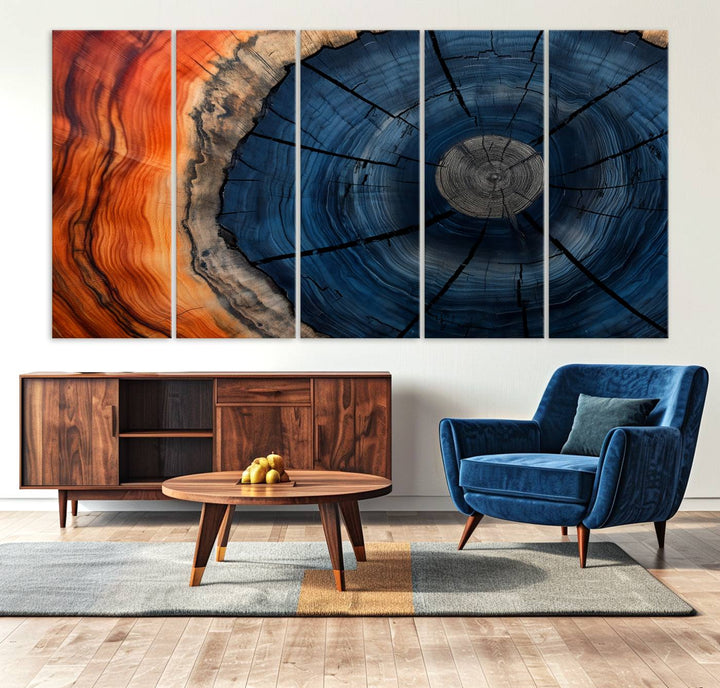 Abstract Tree Rings Canvas Print with vibrant colors—ideal farmhouse wall art for a woodland-themed home.