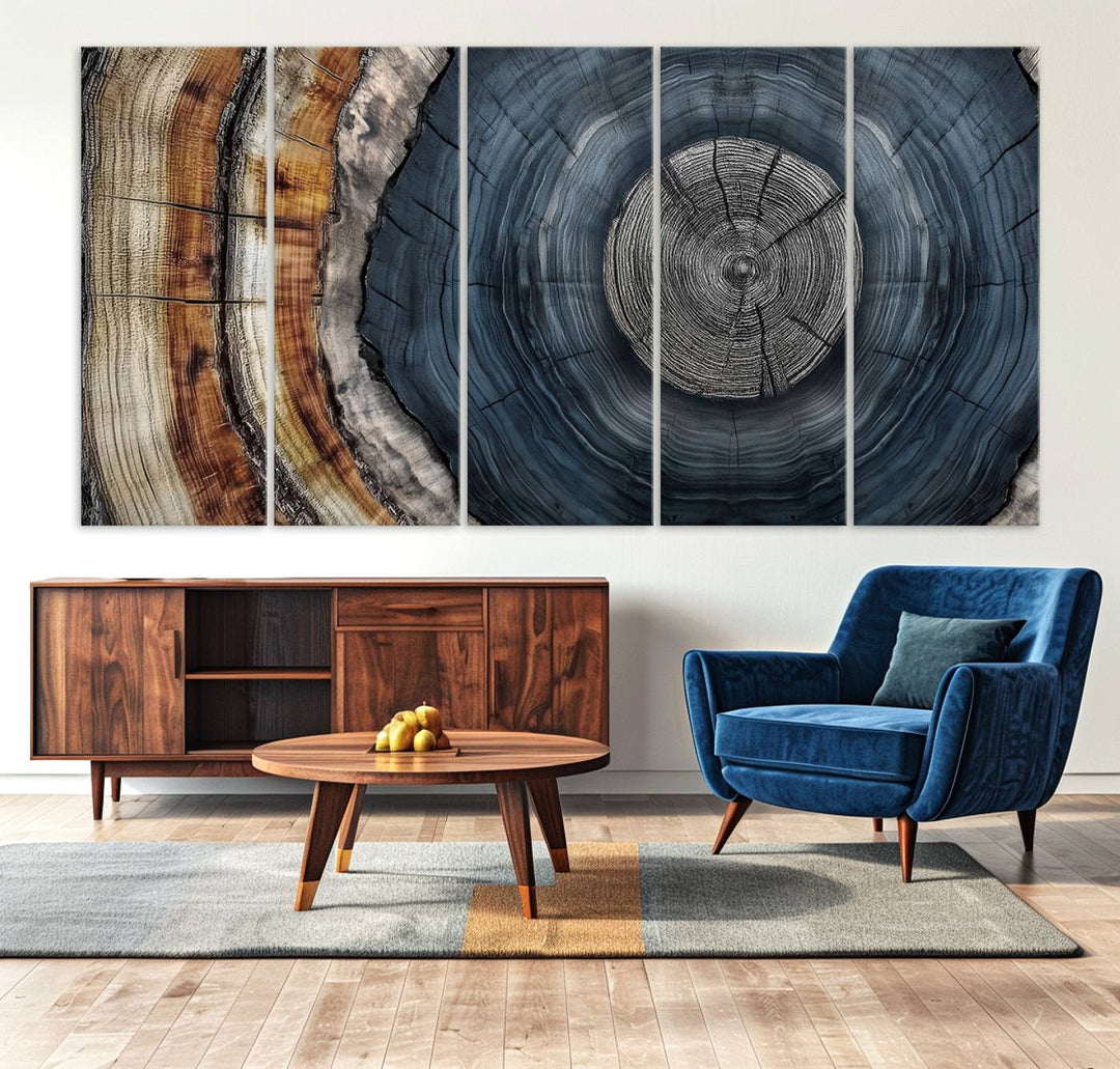 Close-up of the Abstract Tree Rings Wall Art Print featuring shades of blue, brown, and gray.