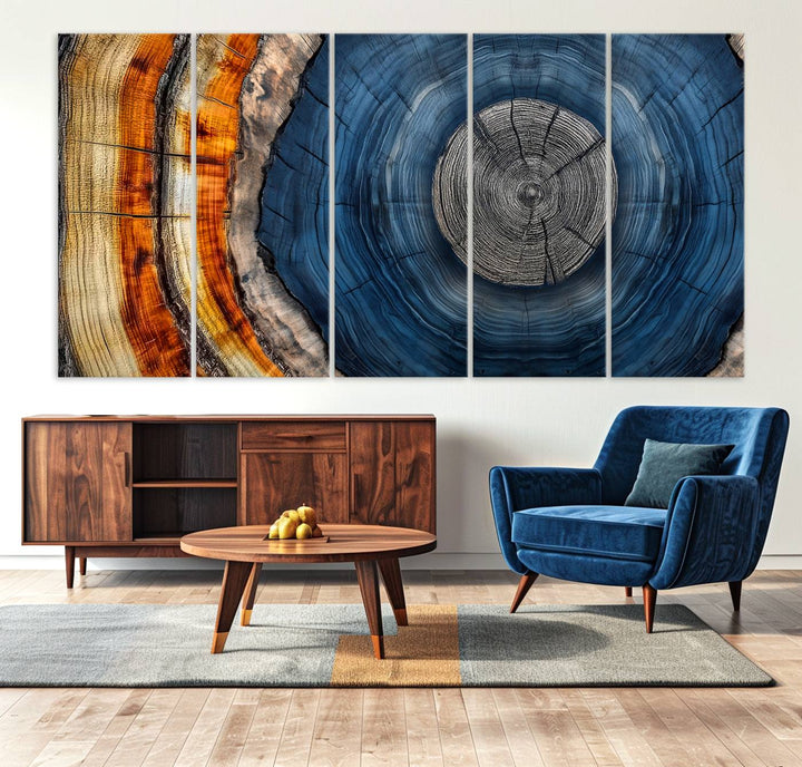 Vibrant Abstract Tree Rings in Orange, Brown, and Blue - Canvas Print for Nature Woodland Wall Decor.