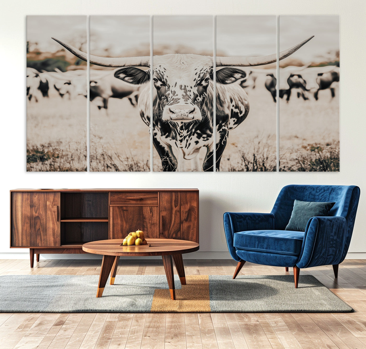 27497342-MGV-CV-36X24-Texas Longhorn Wall Art Canvas Print, Framed Speckled Cow Art Picture Print, Horned Cattle Perfect Rustic Western Decor Artwork