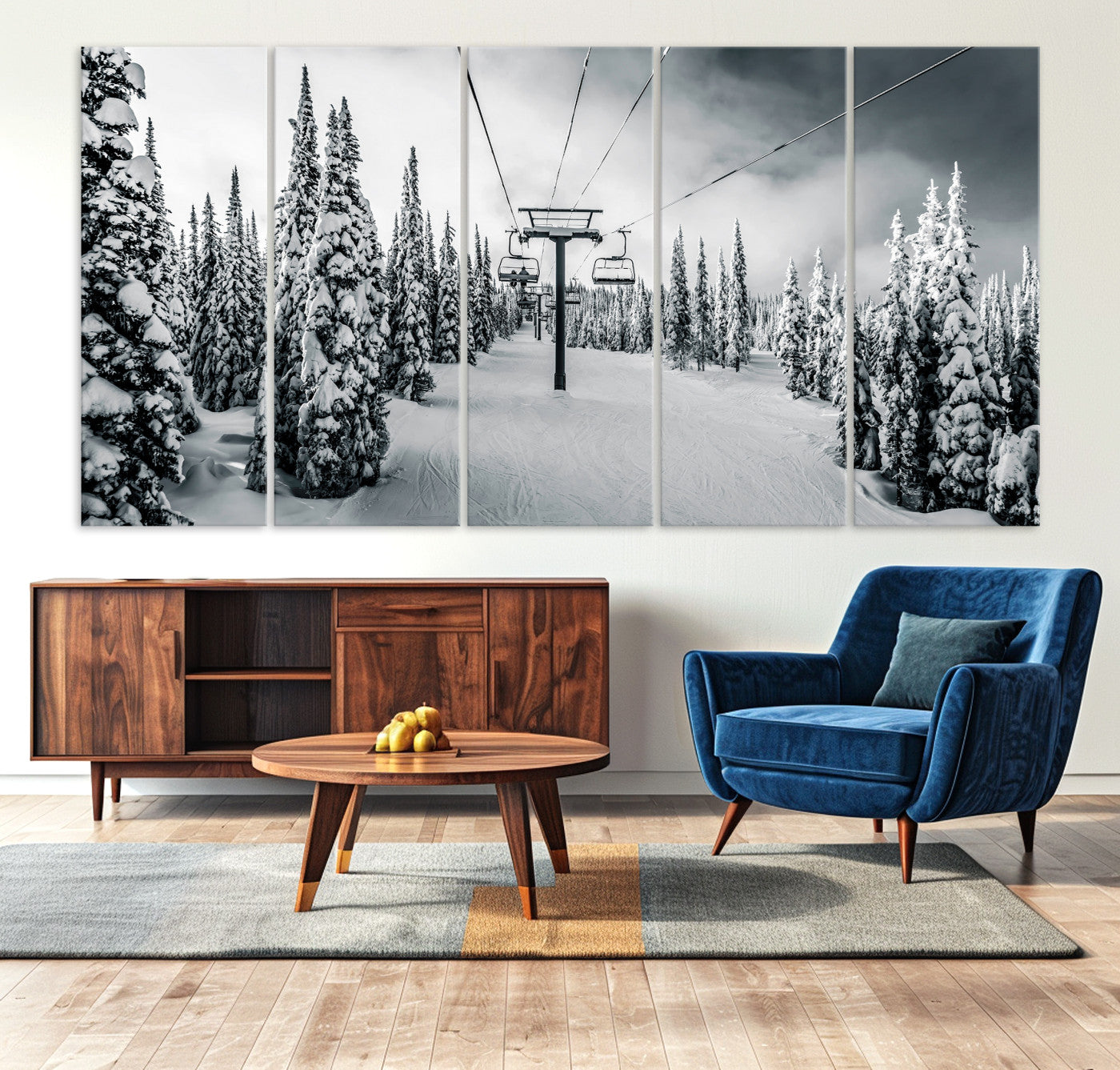 31156828-MGV-CV-36X24-Snowy Pines Wall Art Canvas Print, Framed Ski Lift Art Picture Print, Winter Forest Perfect Moody Lodge Decor, Ski Lift Wall Art Canvas