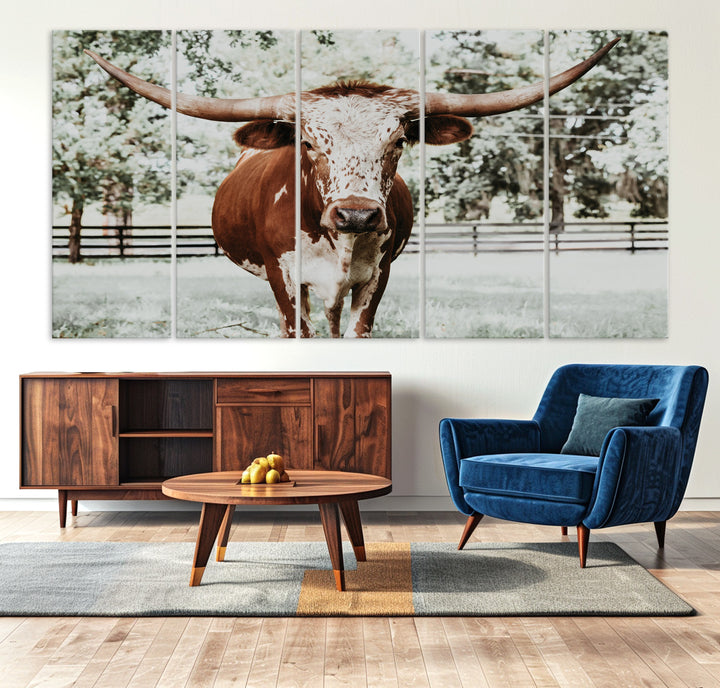 Texas Longhorn Wall Art Canvas Print, Framed Spotted Cow Art Picture Print, Horned Cattle Perfect Rustic Western Decor, Framed Horned Cattle Print