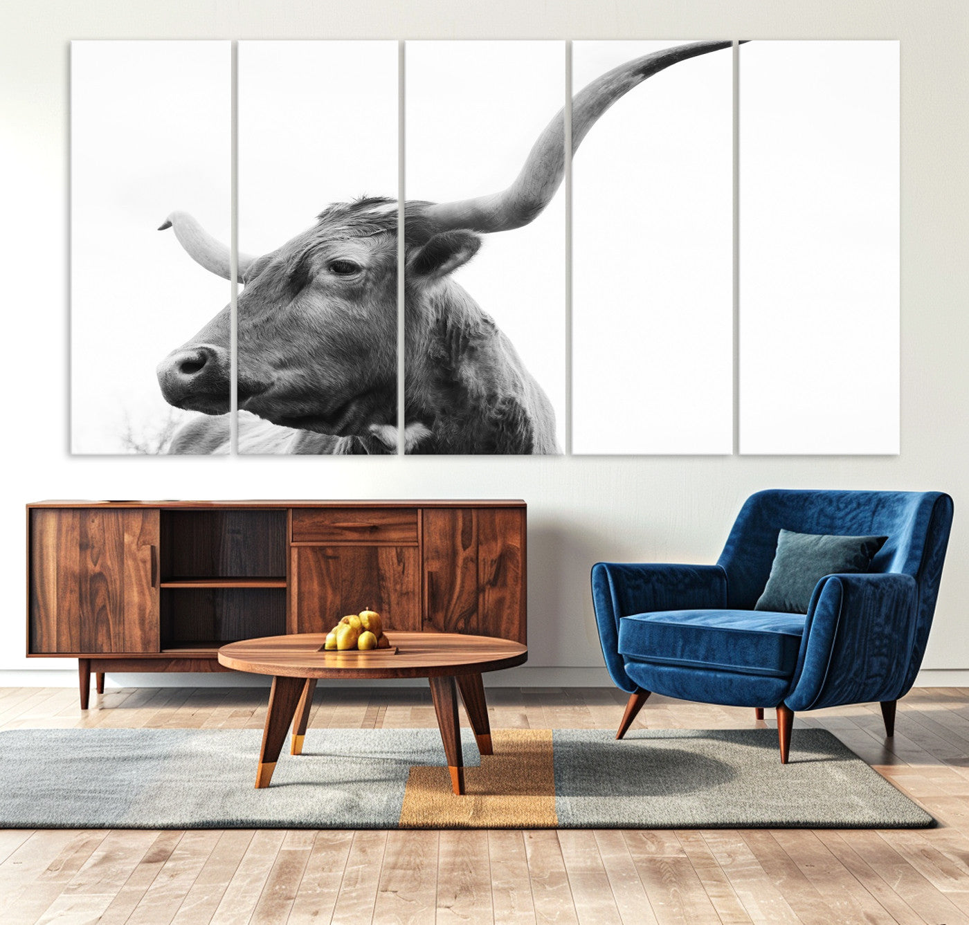 64392617-MGV-CV-36X24-Longhorn Wall Art Wall Art Canvas Print, Framed Modern Ranch Style Art Art Picture Print, Monochrome Cow Print Perfect Rustic Western Decor