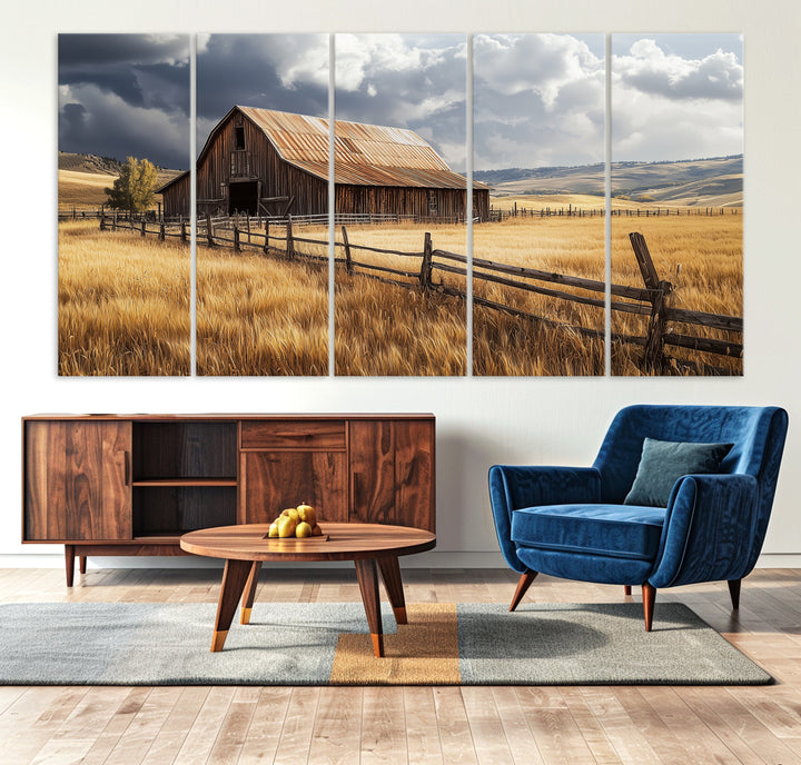 Canvas of a weathered wooden barn in a golden field under a dramatic sky, perfect for rustic or farmhouse-style wall decor.