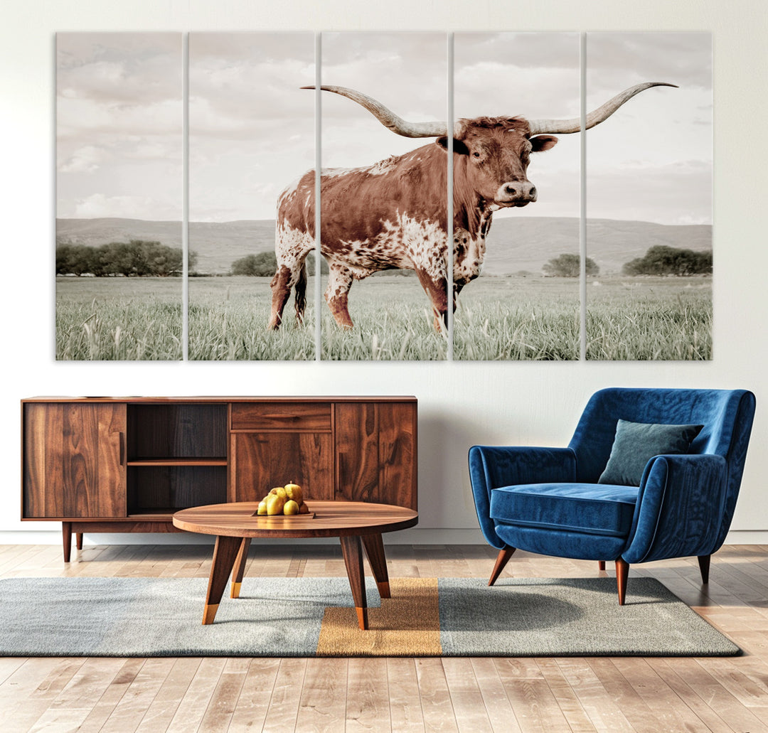 Texas Longhorn Wall Art Canvas Print, Framed Spotted Cattle Art Picture Print, Horned Bull Perfect Rustic Western Decor Artwork