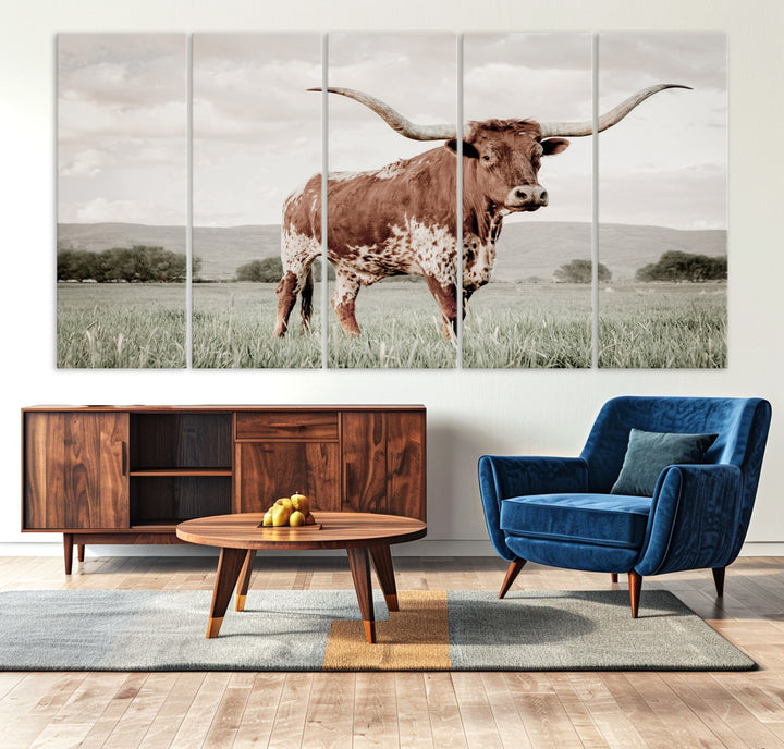 Texas Longhorn Wall Art Canvas Print, Framed Spotted Cattle Art Picture Print, Horned Bull Perfect Rustic Western Decor Artwork