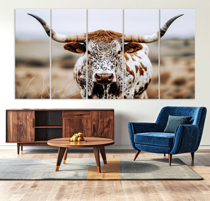 Texas Longhorn Wall Art Canvas Print, Framed Spotted Cow Art Picture Print, Horned Cattle Perfect Rustic Western Decor Artwork