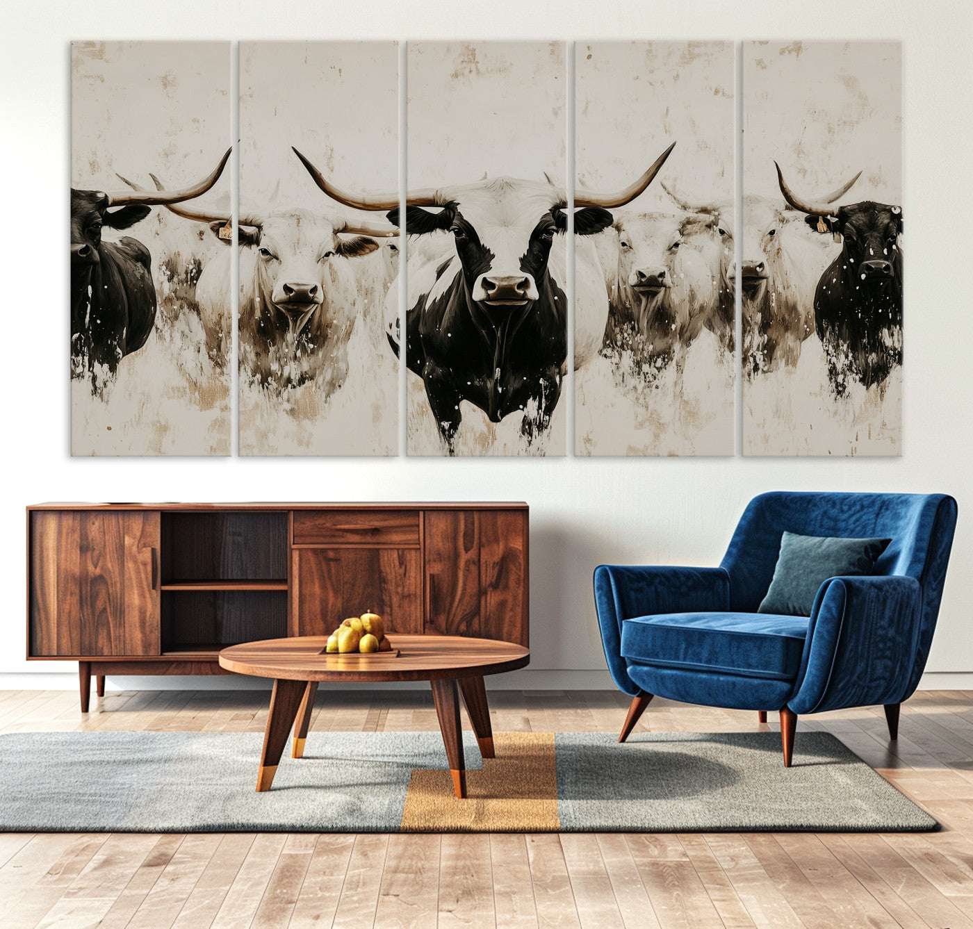 12027562-MGV-CV-36X24-Longhorn Cattle Wall Art Canvas Print – Framed Bison Herd Western Ranch Countryside Animal Landscape Artwork for Home Office