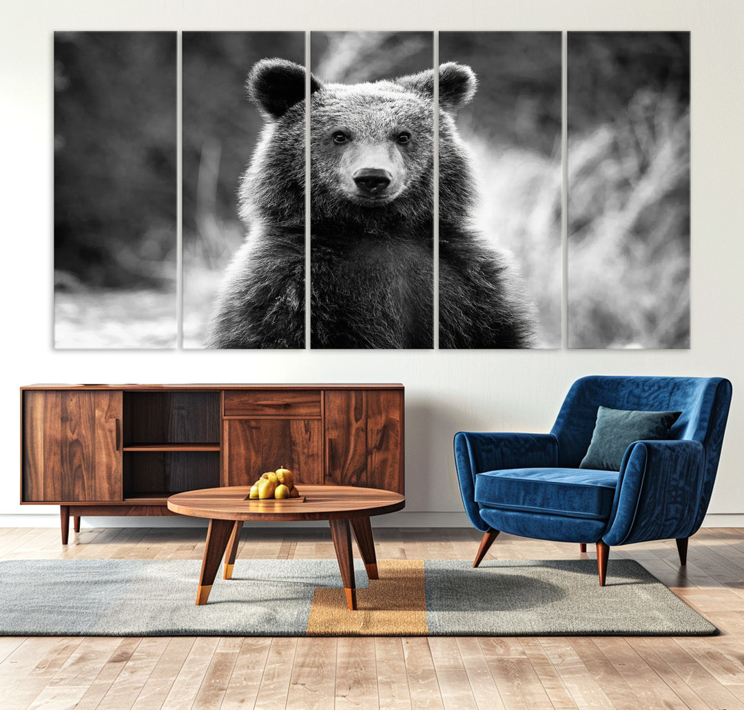 Grizzly Bear Wall Art Canvas Print, Framed Black White Bear Art Picture Print, Wild Bear Perfect Rustic Wildlife Decor