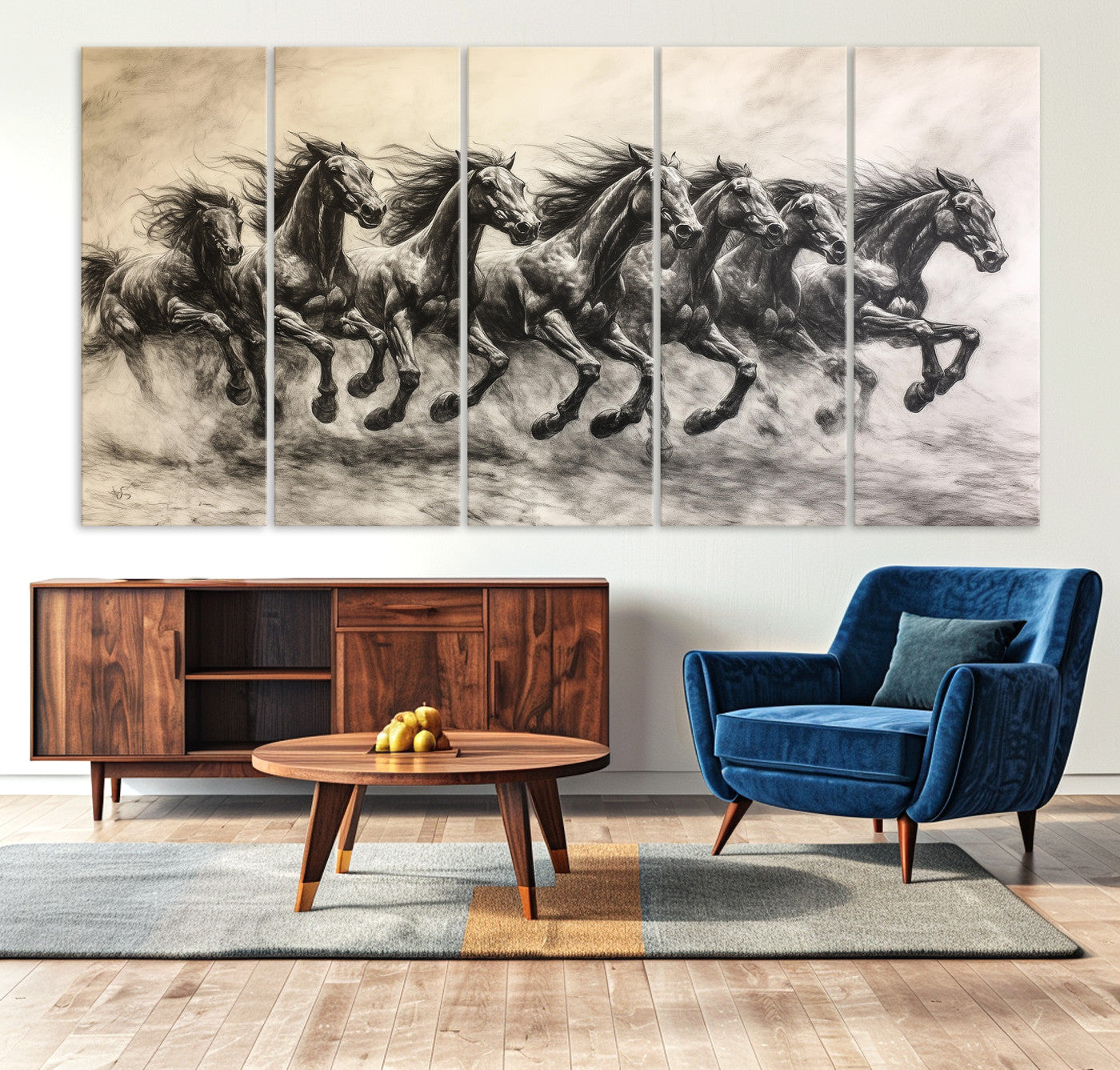 56089591-MGV-CV-36X24-Galloping Horses Wall Art Canvas Print – Framed Wild Stallions Herd Sketch Dynamic Equestrian Artwork for Home Office
