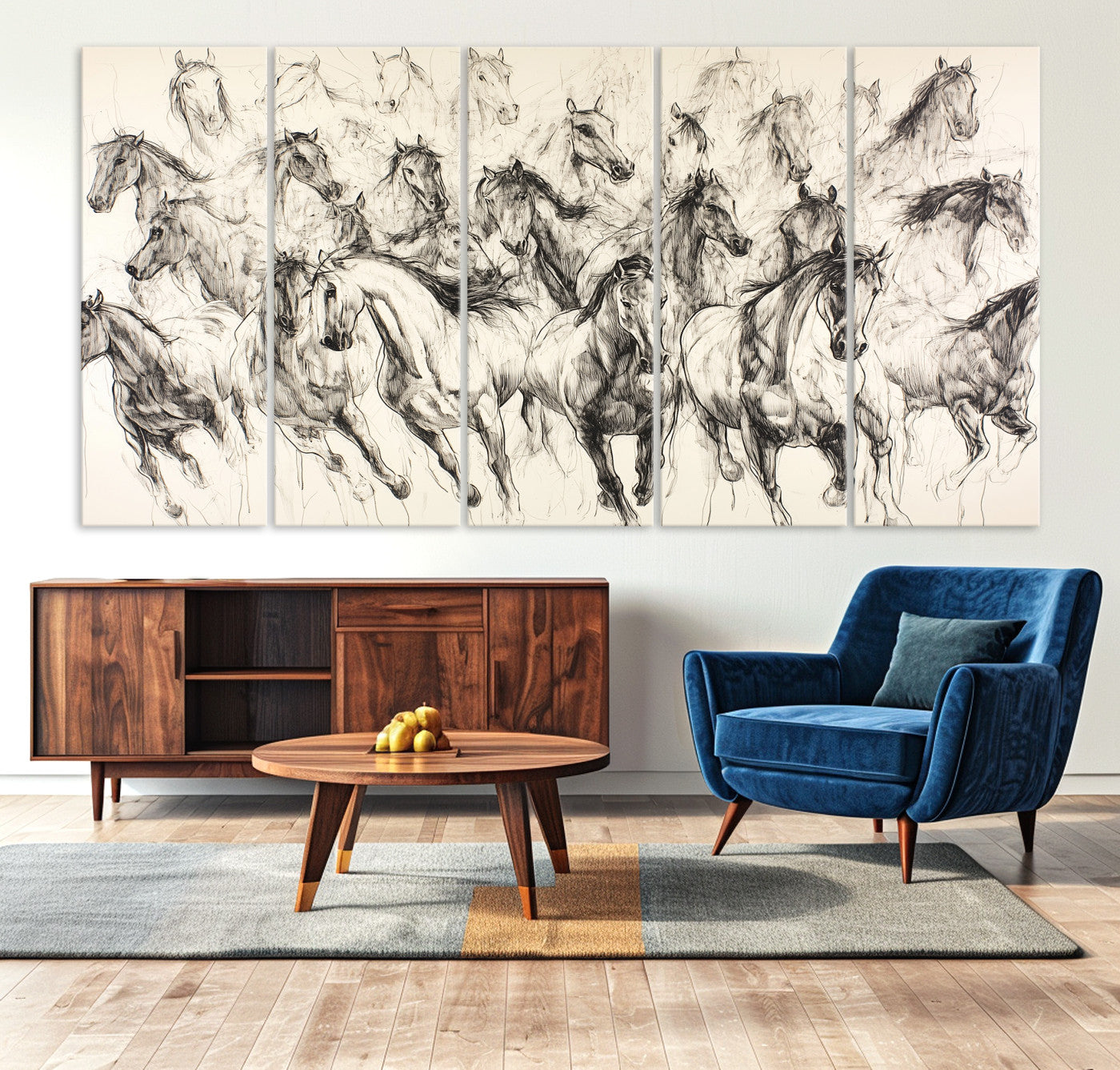 19433417-MGV-CV-36X24-Running Horses Wall Art Canvas Print – Framed Galloping Herd Dynamic Equestrian Sketch Nature Artwork for Home Office