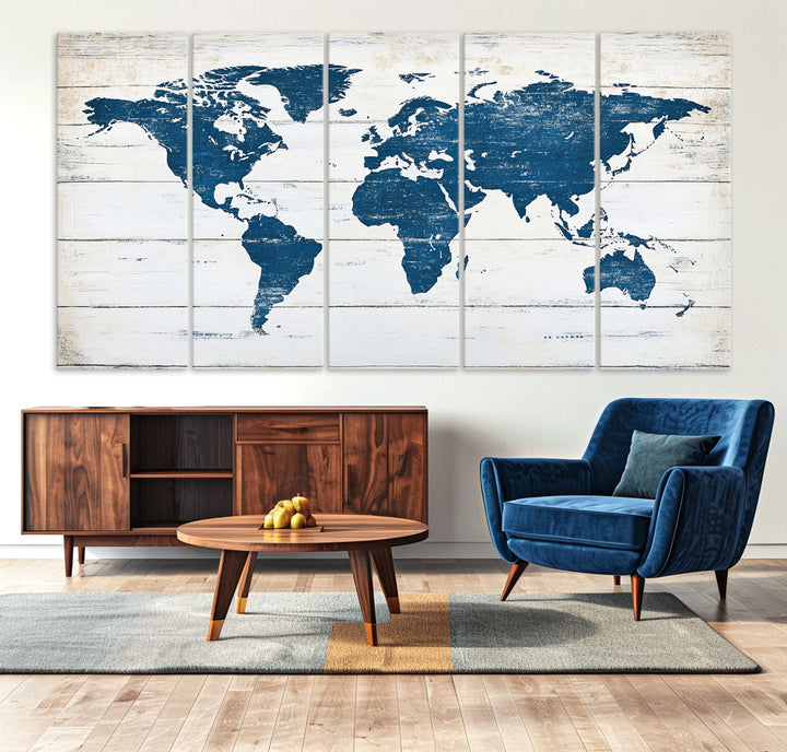 Rustic world map with blue continents on distressed wooden planks, perfect for coastal, explorer, or vintage-style wall decor.