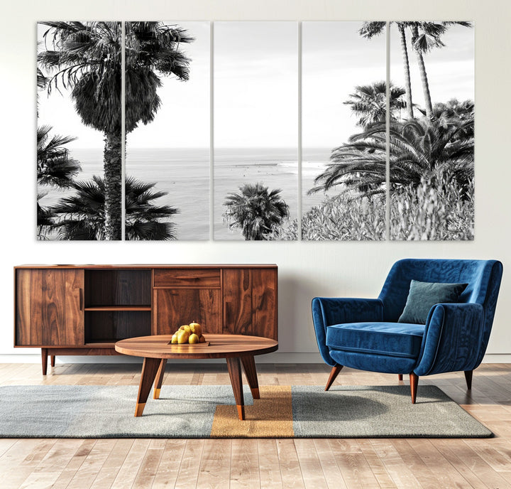 Monochrome canvas of palm trees framing a coastal surf scene, perfect for California-inspired or retro black-and-white beach decor.