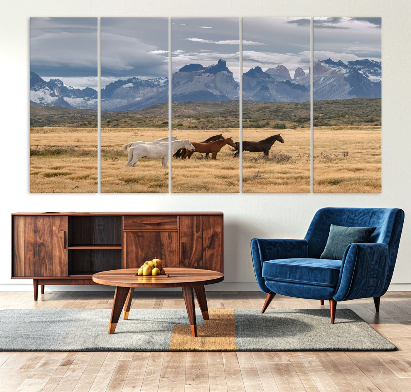 69960232-MGV-CV-36X24-Horses Grazing Wall Art Canvas Print – Framed Mountain Field Scenic Landscape Cloudy Sky Nature Artwork for Home Office