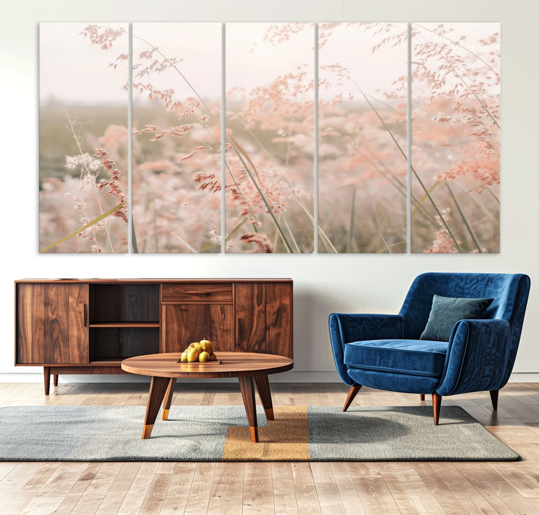 Pastel Grasses Wall Art Canvas Print, Soft Meadow Print, Framed Field in Breeze Art Print, Large Pink Meadow Printing Soft Pastel