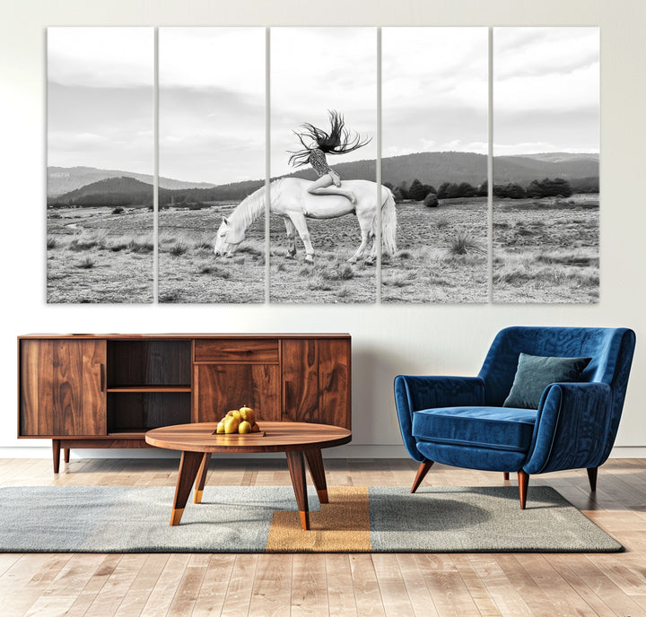 White Horse Wall Art Canvas Print, Woman Rider Print, Framed Equestrian Pose Art Print, Large Grazing Horse Printing Western Boho